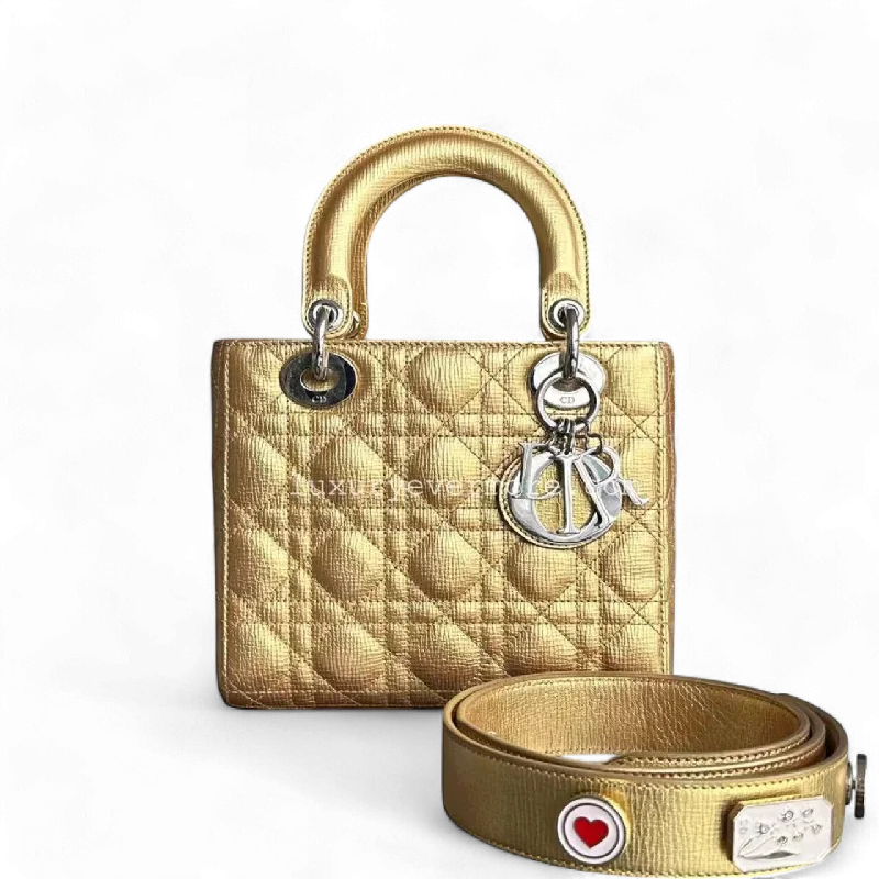 Christian Dior Saddle bags with a distressed leather finishDior Lady Small - Metallic Gold Cannage Calfskin Silver Hardware