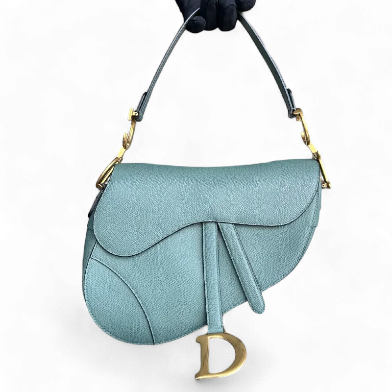 Christian Dior tote bags with a double - handle and shoulder - strap optionDior Saddle Medium - Grained Calfskin 25CM Haze Green Golden Hardware