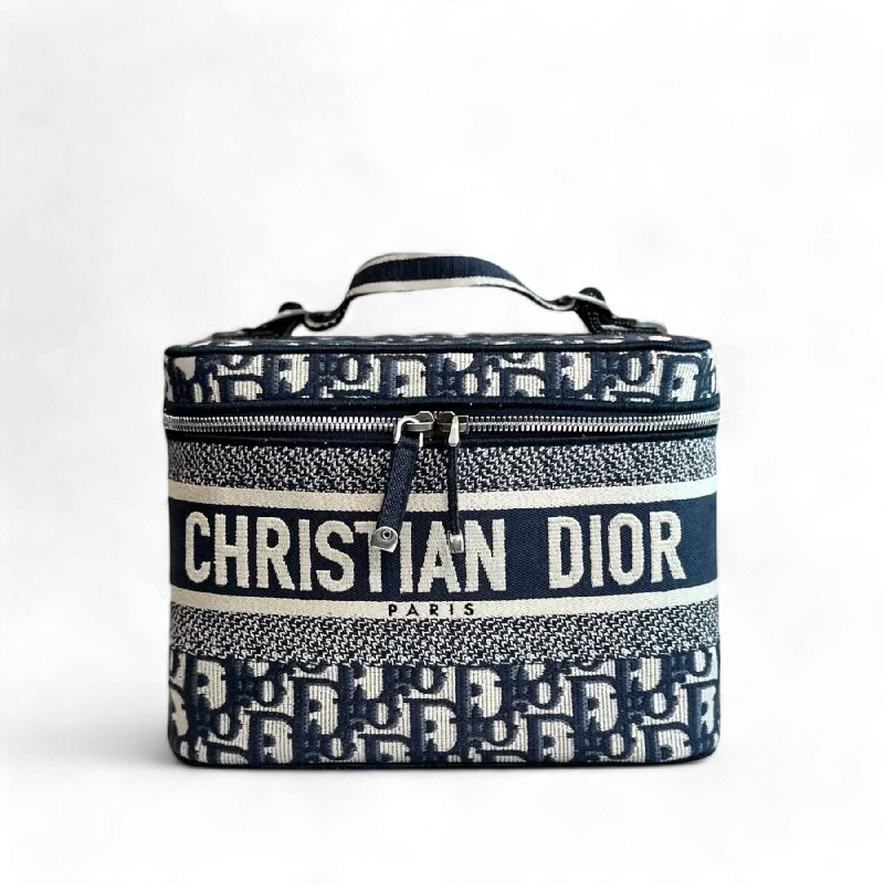 Christian Dior bags with a side - pocket for holding a water bottleDior Vanity Oblique Embroidery Top Handle Bag In Jacquard Blue SHW