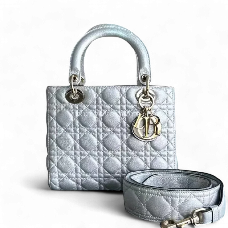 Luxury Christian Dior crossbody bags with a chain - link strap*Flap Open* Dior Lady Medium - Grained Calfskin Metallic Silver Golden Hardware