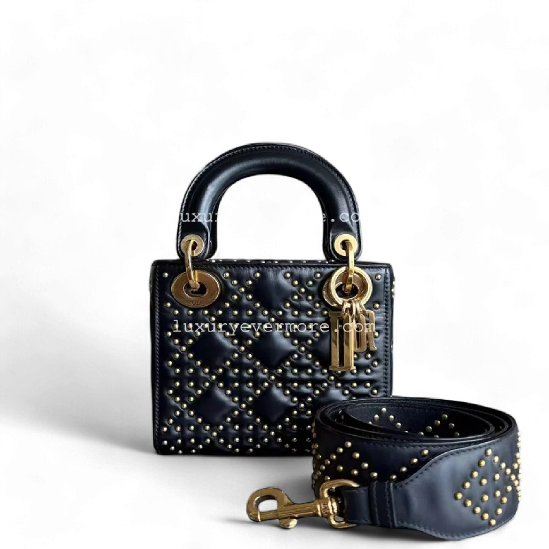 Christian Dior handbags with a removable shoulder strap for versatilityDior Lady Mini Quilted Studded Lambskin Black Golden Hardware