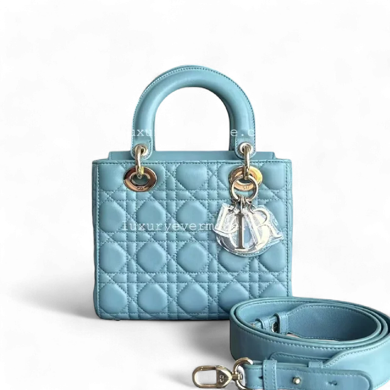 Contemporary Christian Dior handbags with a unique shapeDior Lady Small - Cannage Lambskin MyABC Cyan Green Blue Golden Hardware ABC