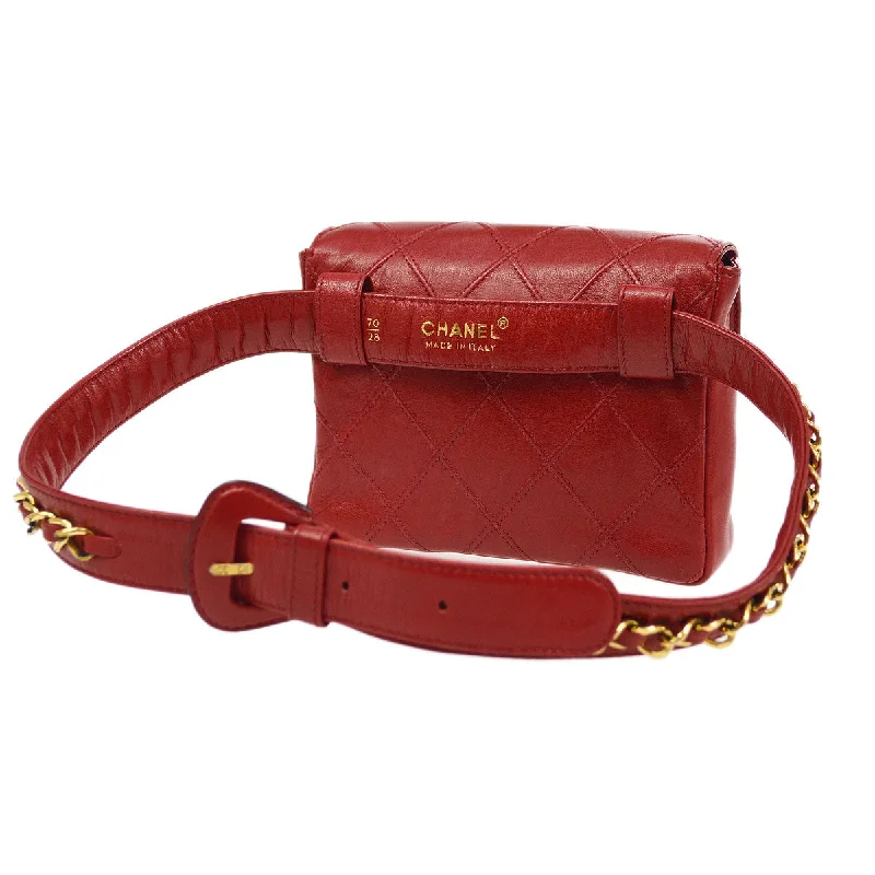 Chanel bags with leather and tweed combinationsCHANEL 1991-1994 Red Lambskin Cosmoline Belt Bag #70 01308