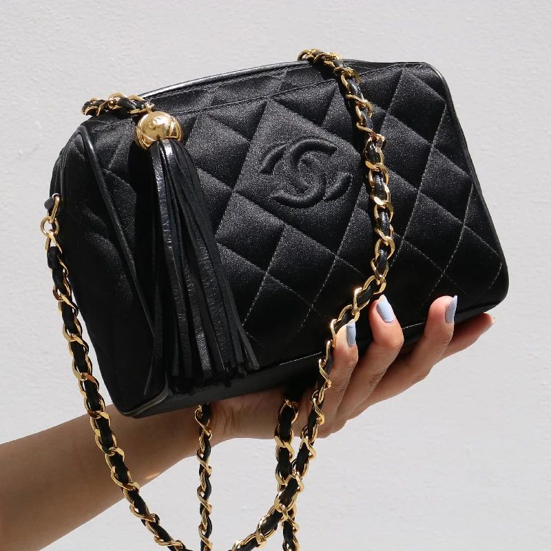 Chanel bags for women who appreciate fine craftsmanshipCHANEL 1994-1996 Black Satin Diamond Camera Bag Mini 82564