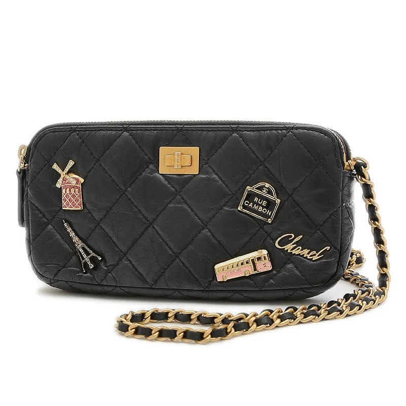 Chanel Handbag with Adjustable Strap for ComfortChanel 2.55 Embroidered Chain Clutch Shoulder Bag Leather Black