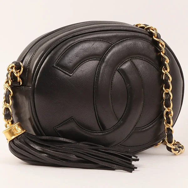 Chanel bags with intricate metal hardwareCHANEL Around 1990 Made Big Cc Mark Stitch Fringe Mini Chain Bag Black