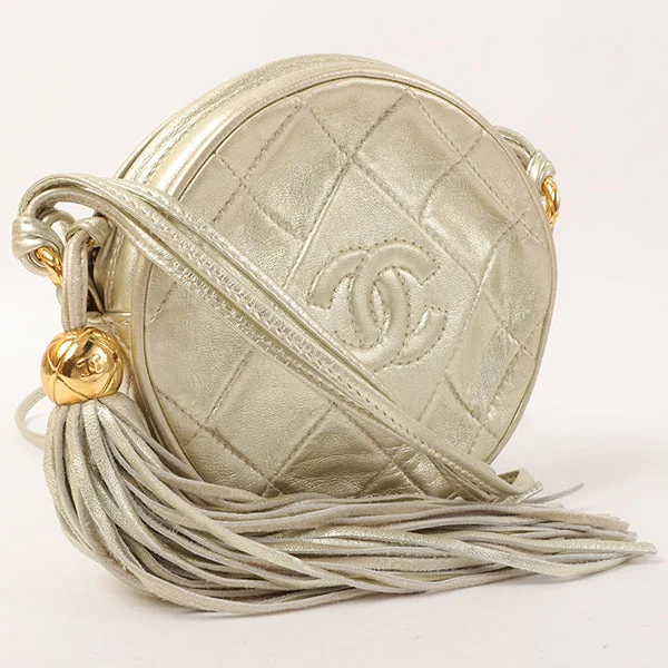 Chanel bags with leather and tweed combinationsCHANEL Around 1990 Made Round Cc Mark Stitch Fringe Shouder Bag Gold