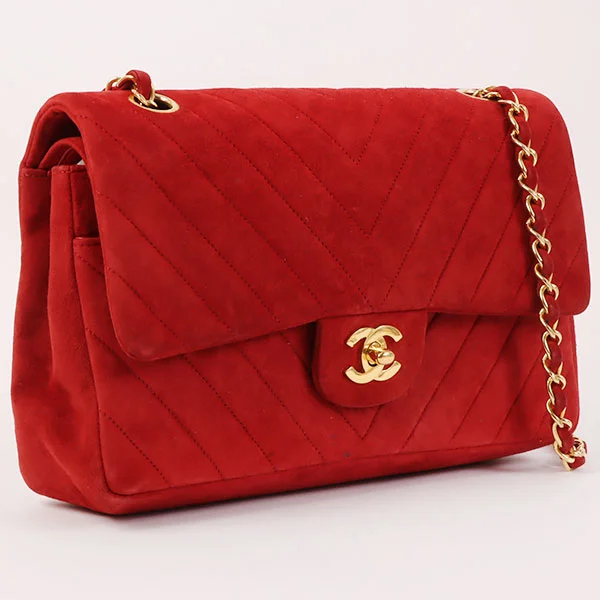 Chanel bags with leather and tweed combinationsCHANEL Around 1990 Made Suede V Stitch Classic Flap Chain Bag 25Cm Red