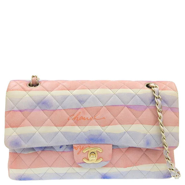 Chanel bags with adjustable chain strapsCHANEL Around 2009 Made Watercolor Logo Print Classic Flap Chain Bag 25Cm Pink/Blue/White