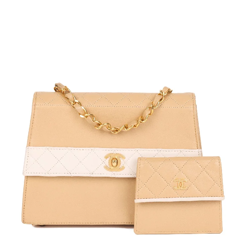 Chanel bags with iconic gold chainsChanel Beige & White Quilted Lambskin Vintage Mini Trapeze Classic Single Flap Bag with Pouch Shoulder Bag