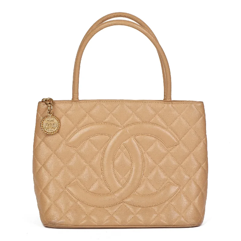 Chanel bags for a polished and professional appearanceChanel Beige Caviar Leather Medallion Tote