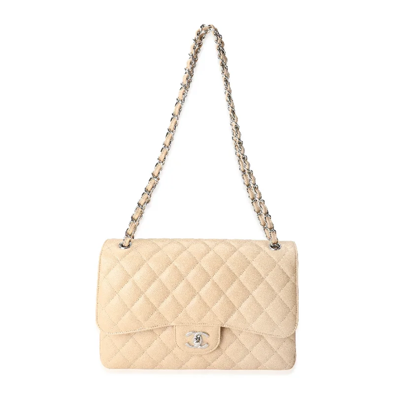 Chanel bags with the perfect balance of luxury and functionalityCHANEL Beige Quilted Caviar Jumbo Classic Double Flap Bag