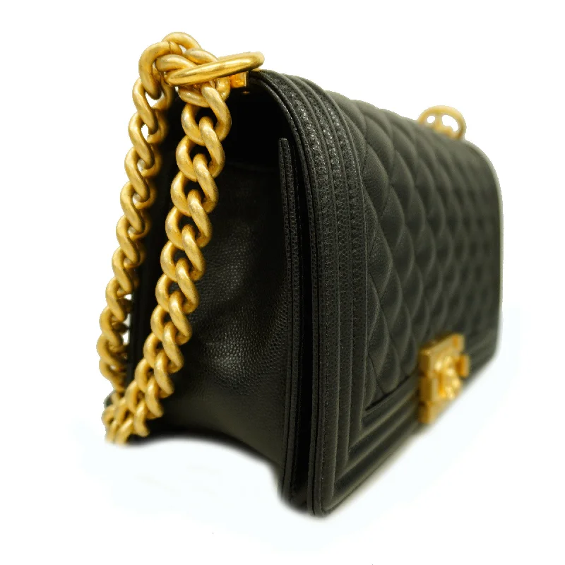 Chanel bags with iconic gold chainsCHANEL   Boy  Chain Shoulder Women's Caviar Leather Shoulder Bag Black