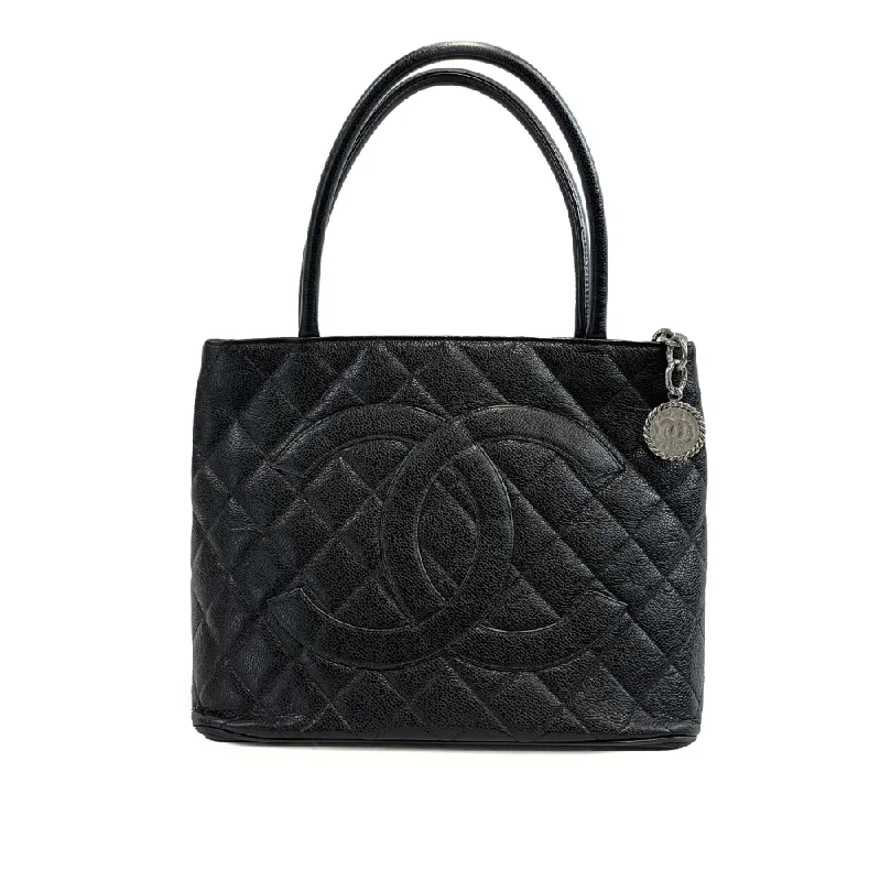 Chanel Chain Strap Handbag for Everyday UseCHANEL CC Medallion Black Diamond Quilted Caviar Leather Tote / Shoulder Bag