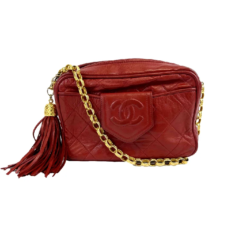 Chanel bags with chain and leather strap combinationsCHANEL Vintage CC Red Lambskin Gold Chain Tassel Camera Bag Crossbody