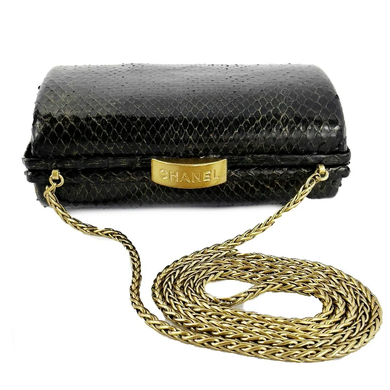 Chanel bags with leather and tweed combinationsCHANEL - VTG 1990s Black Snakeskin Crossbody Minaudiere Clutch - Stamped Closure