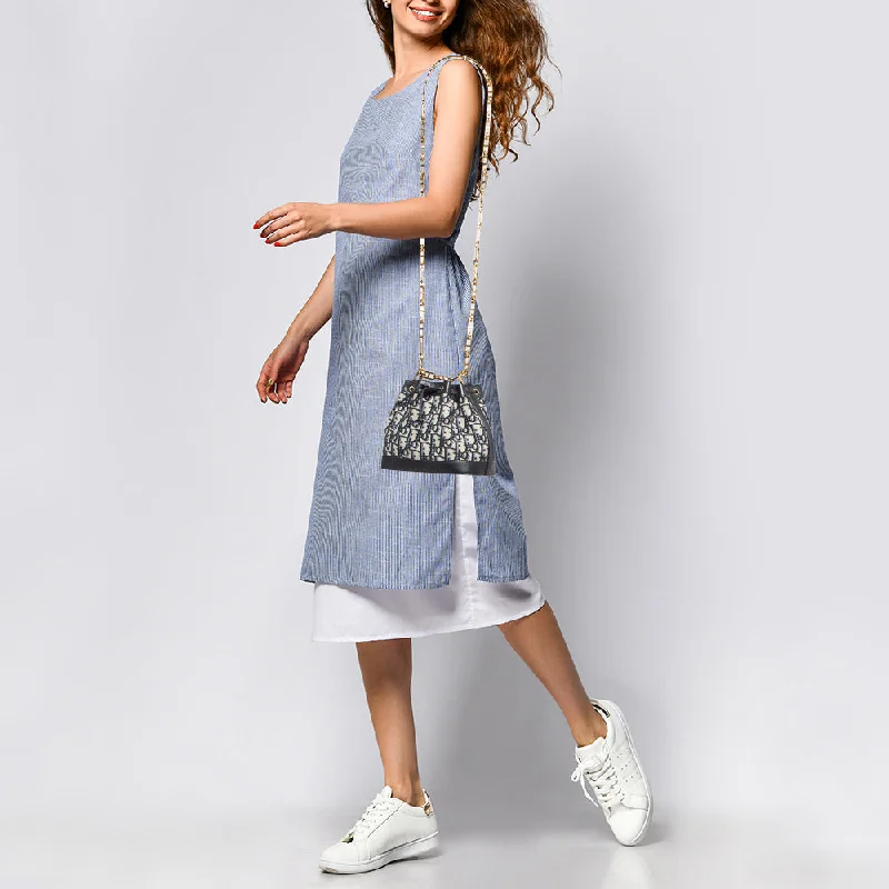 Luxury Christian Dior crossbody bags with a chain - link strapDIOR Navy Blue Oblique Canvas and Leather Drawstring Chain Bucket Bag