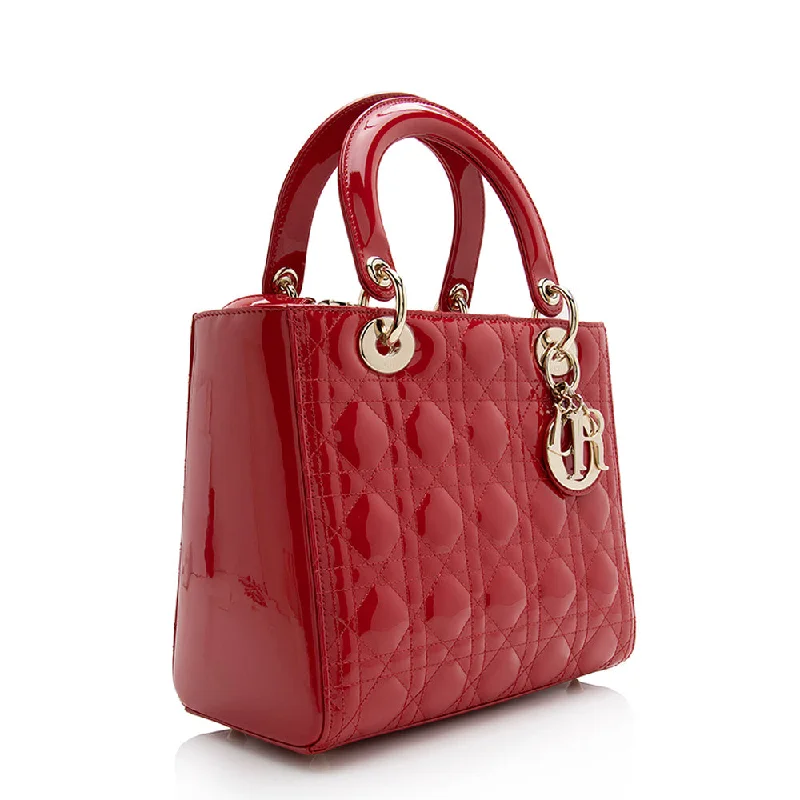 Christian Dior bags with a side - pocket for holding a water bottleDior Patent Leather Lady Dior Medium Tote (22059)