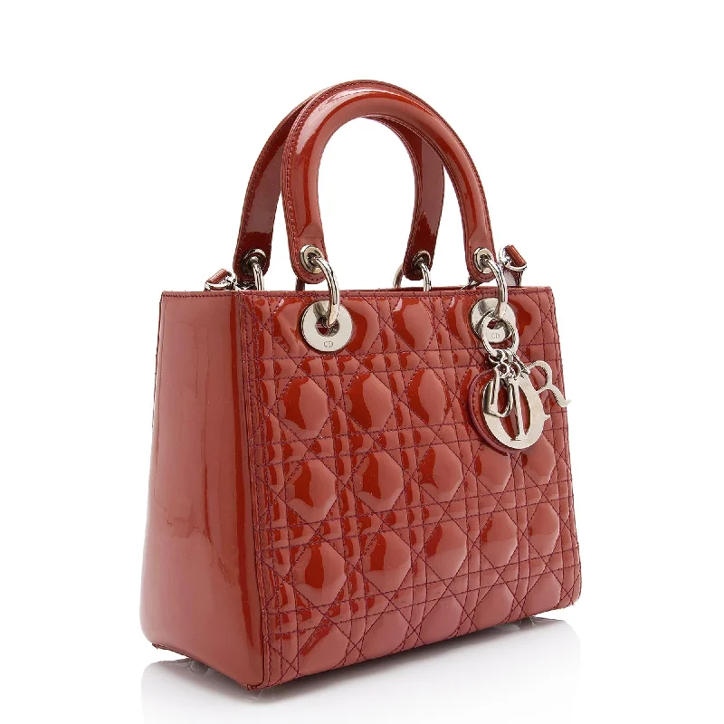 Christian Dior handbags with a snap - button closure and a decorative buckleDior Patent Leather Lady Dior Medium Tote (23564)